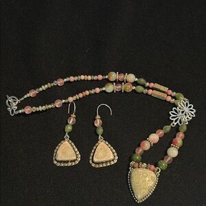 Cherry blossom stone, jade and fossilized coral Beaded Necklace and Earring Set